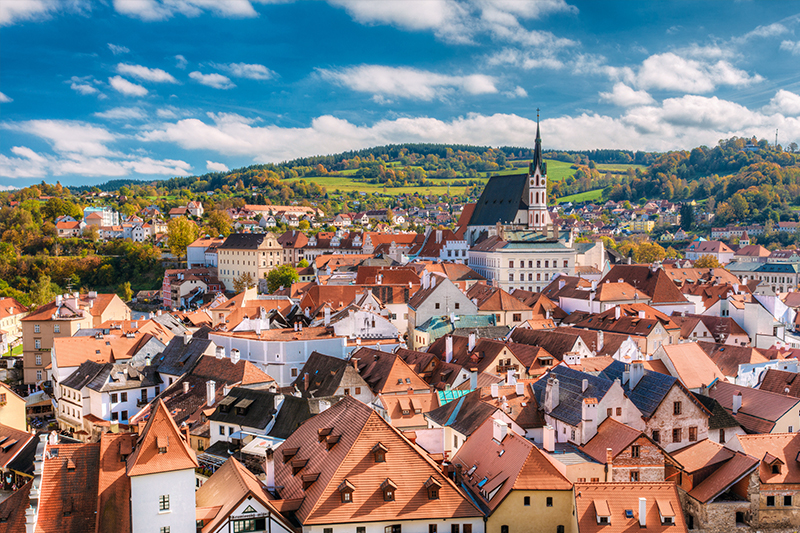 View of red roofs of Cesky Krumlow, near Prague in the Czech Republic.